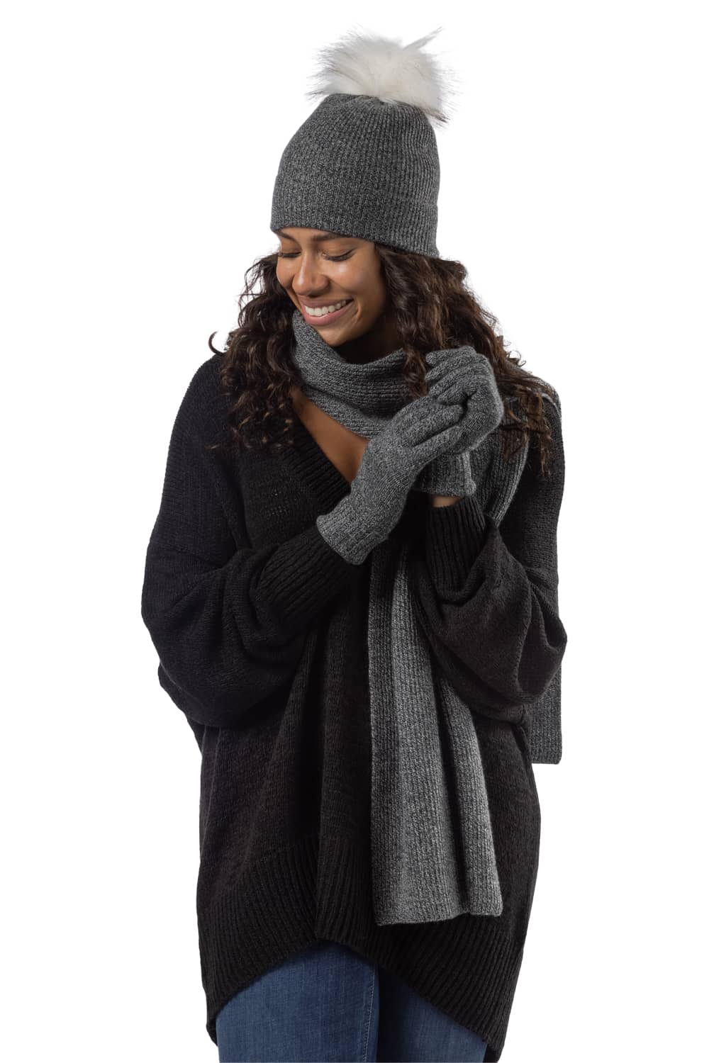 Women's 3pc 100% Cashmere Pom Beanie, Glove & Scarf Set with Gift Box Womens>Accessories>Cashmere Set Fishers Finery Heather Gray One Size 