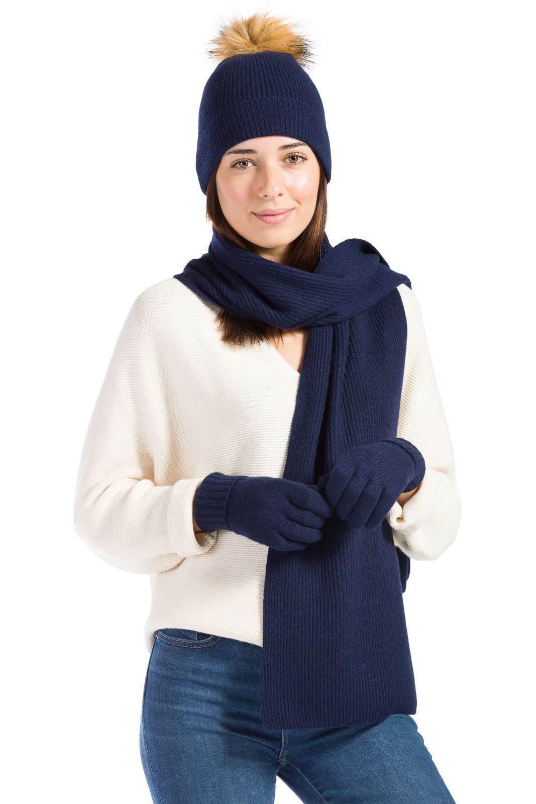 Women's 3pc 100% Cashmere Pom Beanie, Glove & Scarf Set with Gift Box Womens>Accessories>Cashmere Set Fishers Finery Navy One Size 