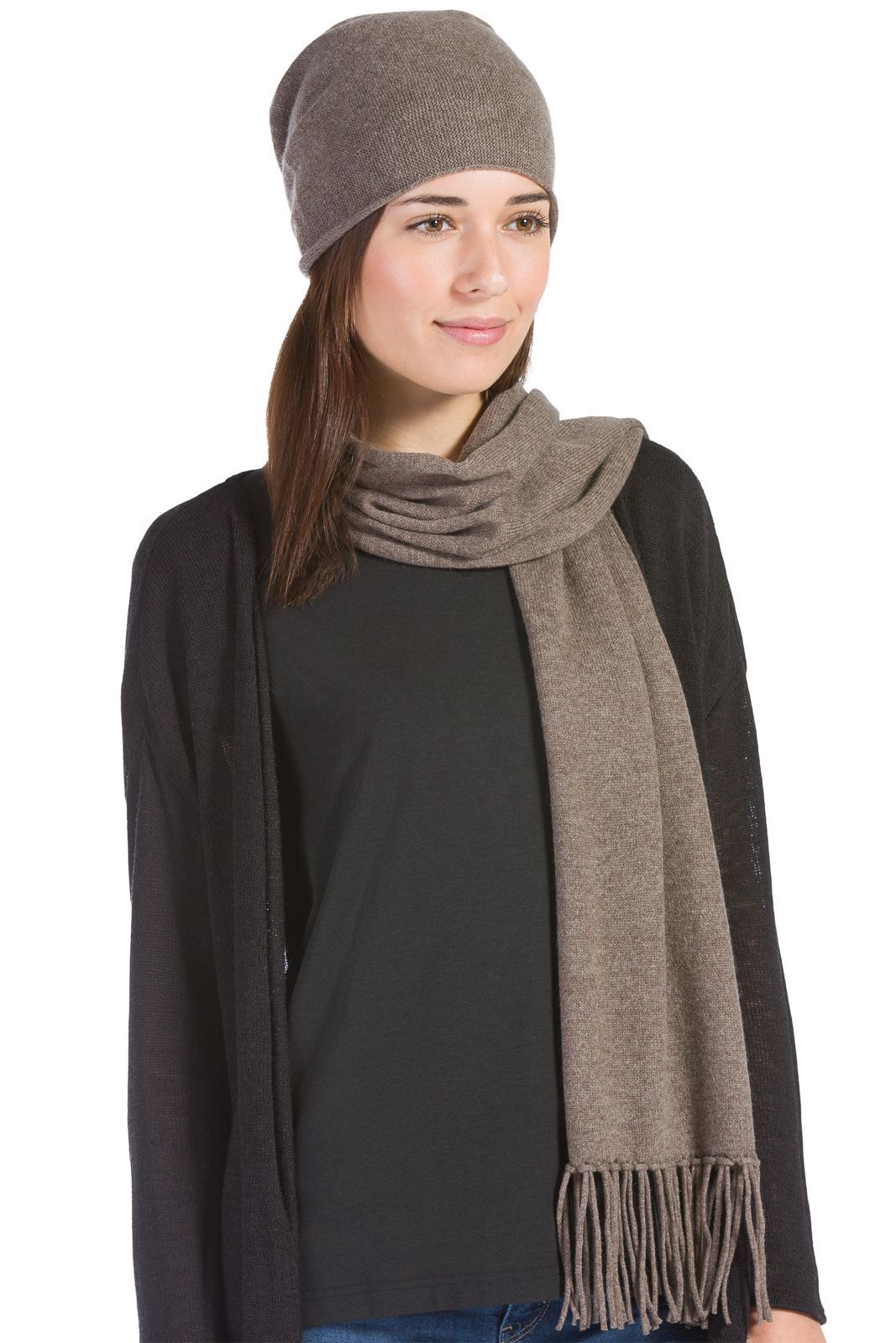 Women's 2pc 100% Cashmere Slouchy Beanie & Knit Scarf Set with Gift Box Womens>Accessories>Cashmere Set Fishers Finery Cappuccino One Size 