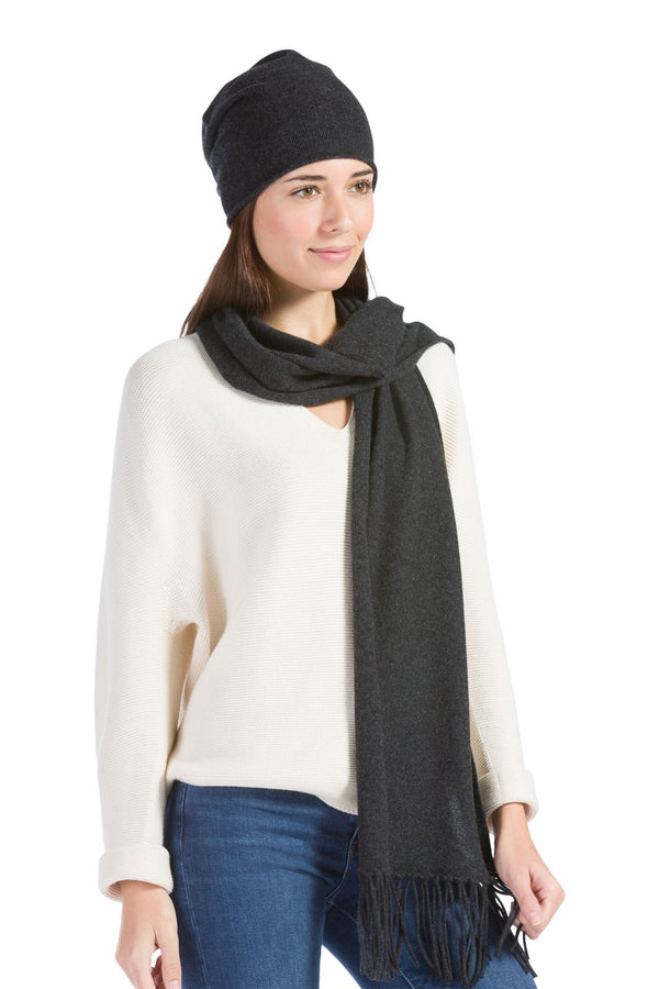 Women's 2pc 100% Cashmere Slouchy Beanie & Knit Scarf Set with Gift Box Womens>Accessories>Cashmere Set Fishers Finery Charcoal One Size 
