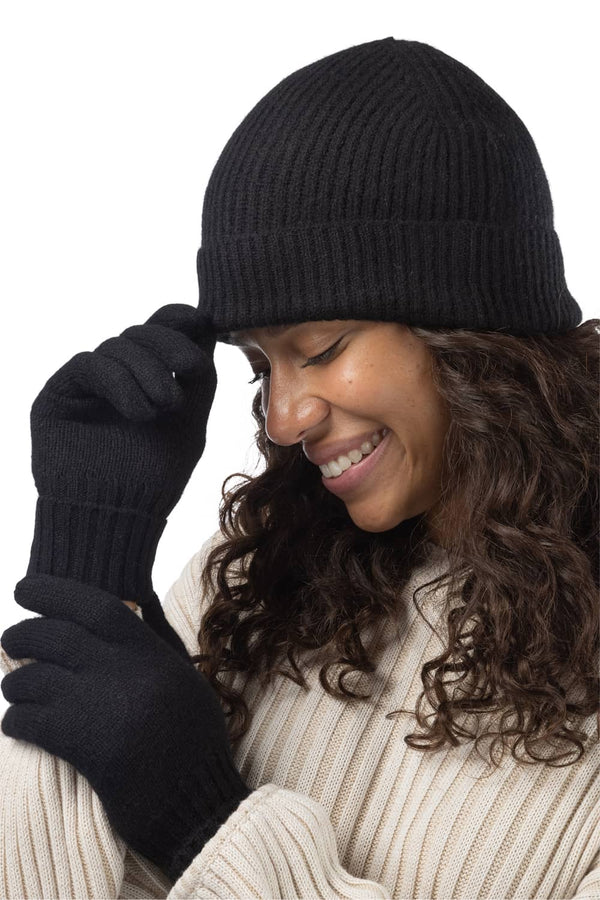 Women's 2pc 100% Cashmere Ribbed Beanie Hat & Glove Set with Gift Box Womens>Accessories>Cashmere Set Fishers Finery Black 