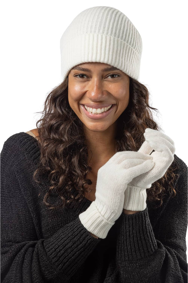 Women's 2pc 100% Cashmere Ribbed Beanie Hat & Glove Set with Gift Box Womens>Accessories>Cashmere Set Fishers Finery Cream 
