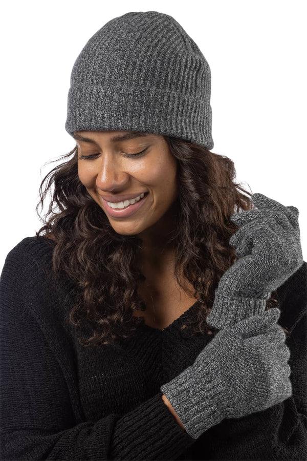 Women's 2pc 100% Cashmere Ribbed Beanie Hat & Glove Set with Gift Box Womens>Accessories>Cashmere Set Fishers Finery Heather Gray 
