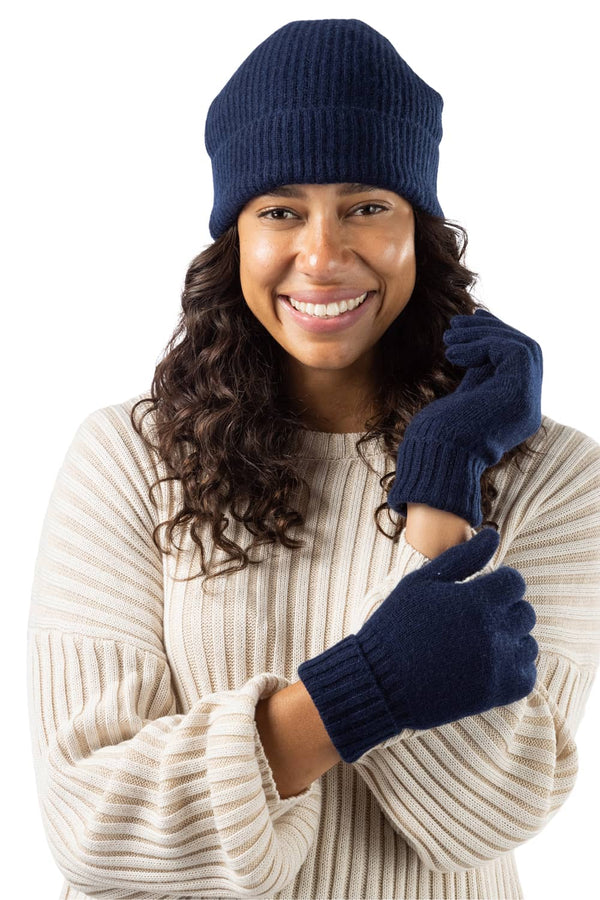 Women's 2pc 100% Cashmere Ribbed Beanie Hat & Glove Set with Gift Box Womens>Accessories>Cashmere Set Fishers Finery Navy 