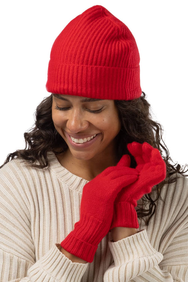 Women's 2pc 100% Cashmere Ribbed Beanie Hat & Glove Set with Gift Box Womens>Accessories>Cashmere Set Fishers Finery Cardinal Red 