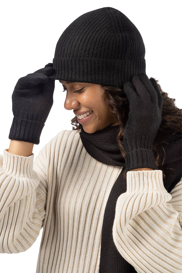 Women's 3pc 100% Cashmere Ribbed Beanie, Glove & Scarf Set with Gift Box Womens>Accessories>Cashmere Set Fishers Finery 