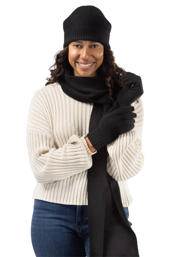 Women's 3pc 100% Cashmere Ribbed Beanie, Glove & Scarf Set with Gift Box Womens>Accessories>Cashmere Set Fishers Finery Black 