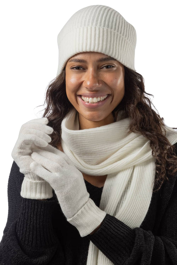 Women's 3pc 100% Cashmere Ribbed Beanie, Glove & Scarf Set with Gift Box Womens>Accessories>Cashmere Set Fishers Finery Cream 