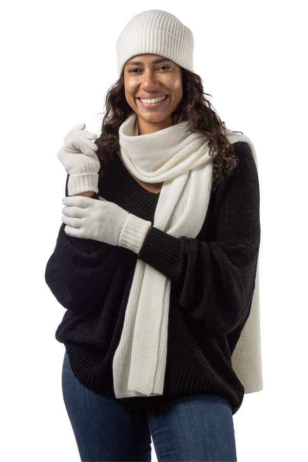 Women's 3pc 100% Cashmere Ribbed Beanie, Glove & Scarf Set with Gift Box Womens>Accessories>Cashmere Set Fishers Finery 