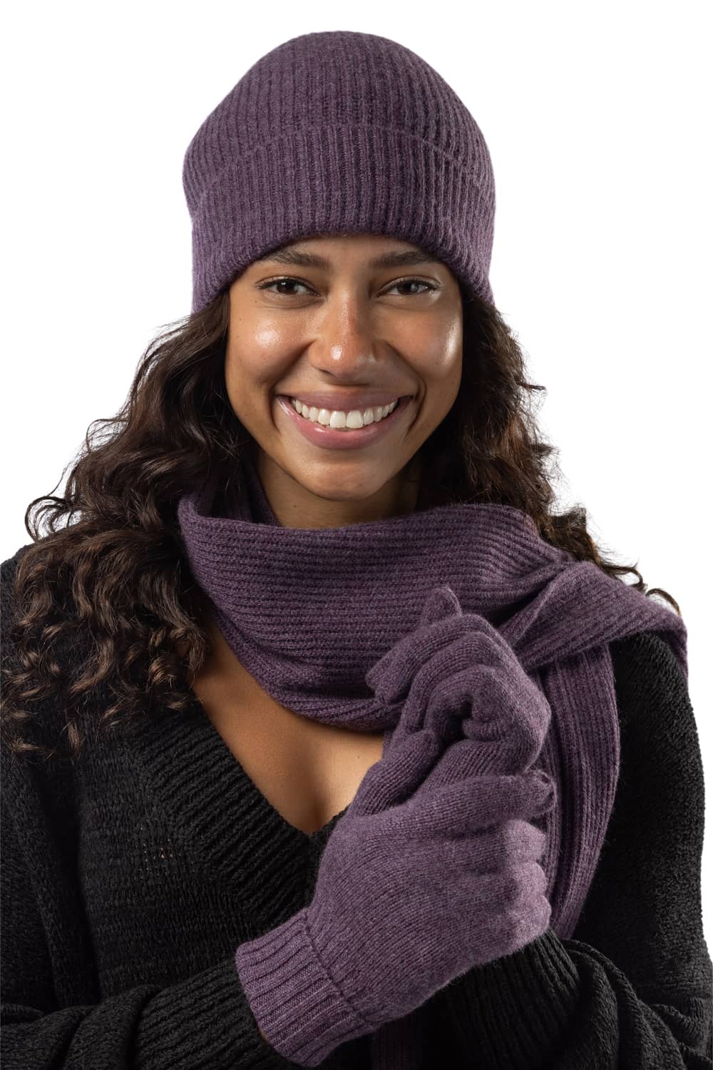 Women's 3pc 100% Cashmere Ribbed Beanie, Glove & Scarf Set with Gift Box Womens>Accessories>Cashmere Set Fishers Finery Eggplant 