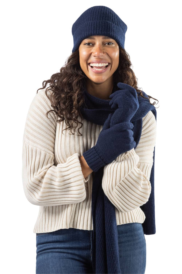 Women's 3pc 100% Cashmere Ribbed Beanie, Glove & Scarf Set with Gift Box Womens>Accessories>Cashmere Set Fishers Finery Navy 