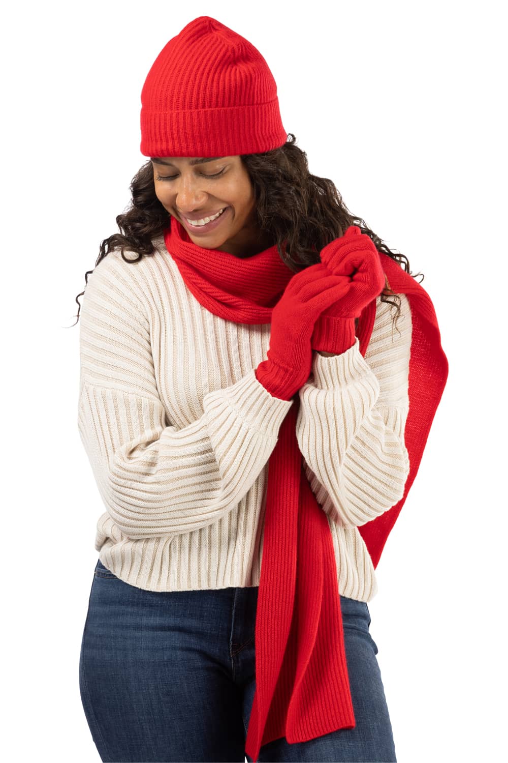Women's 3pc 100% Cashmere Ribbed Beanie, Glove & Scarf Set with Gift Box Womens>Accessories>Cashmere Set Fishers Finery Cardinal Red 