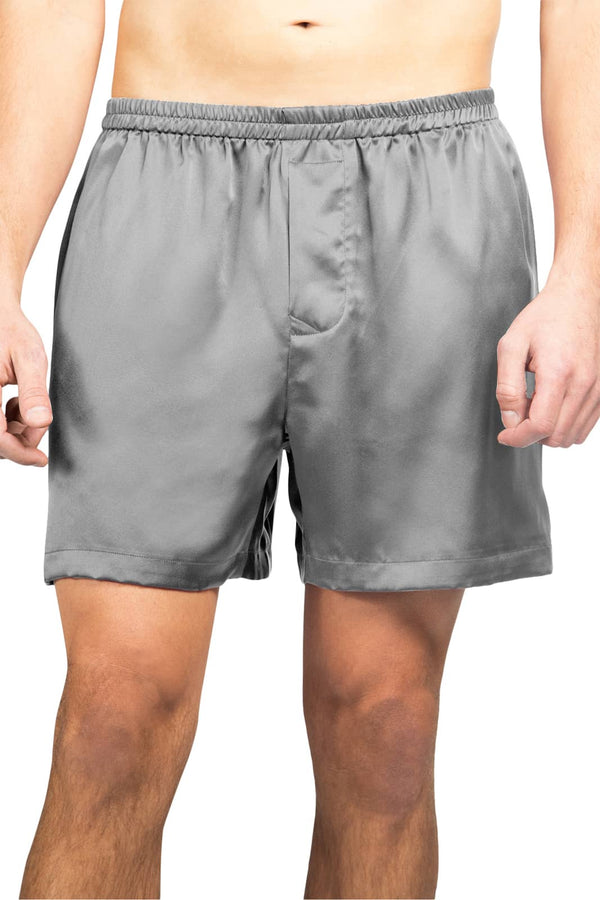 Men's 100% Pure Mulberry Silk Lounge Boxers - IMPROVED No-Roll Waistband Mens>Sleep and Lounge>Boxer Fishers Finery Silver Small 