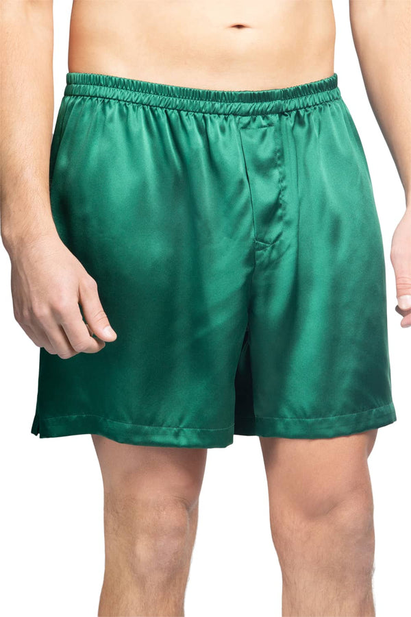Men's 100% Pure Mulberry Silk Lounge Boxers - IMPROVED No-Roll Waistband Mens>Sleep and Lounge>Boxer Fishers Finery Hunter Green Small 