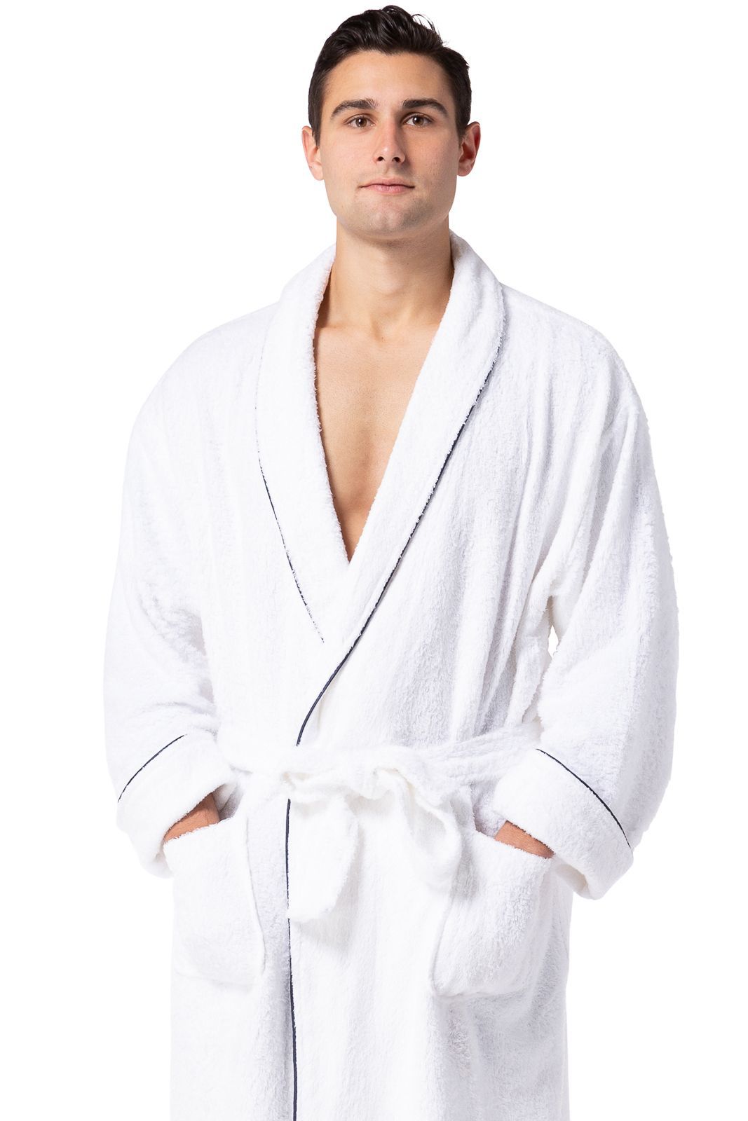 Fishers Finery Mens white terry robe features a quilted design, front pockets, and belt—the perfect robe for after the shower or relaxing at home 