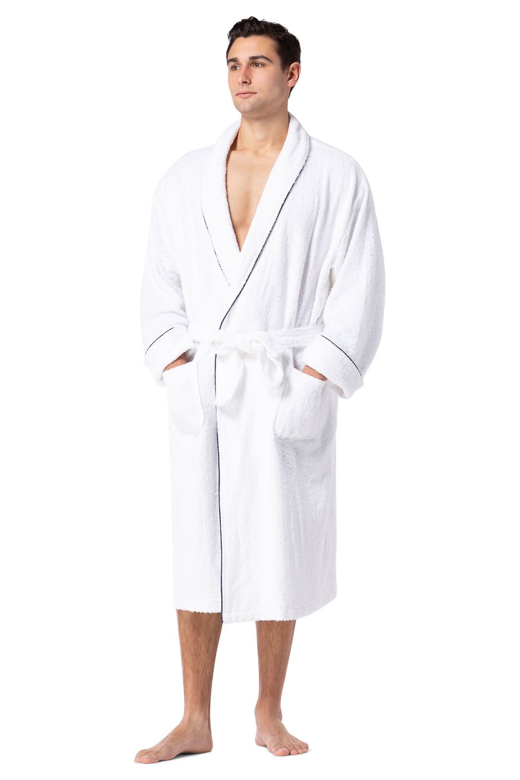 Fishers Finery Mens white terry robe features a quilted design, front pockets, and belt—the perfect robe for after the shower or relaxing at home 