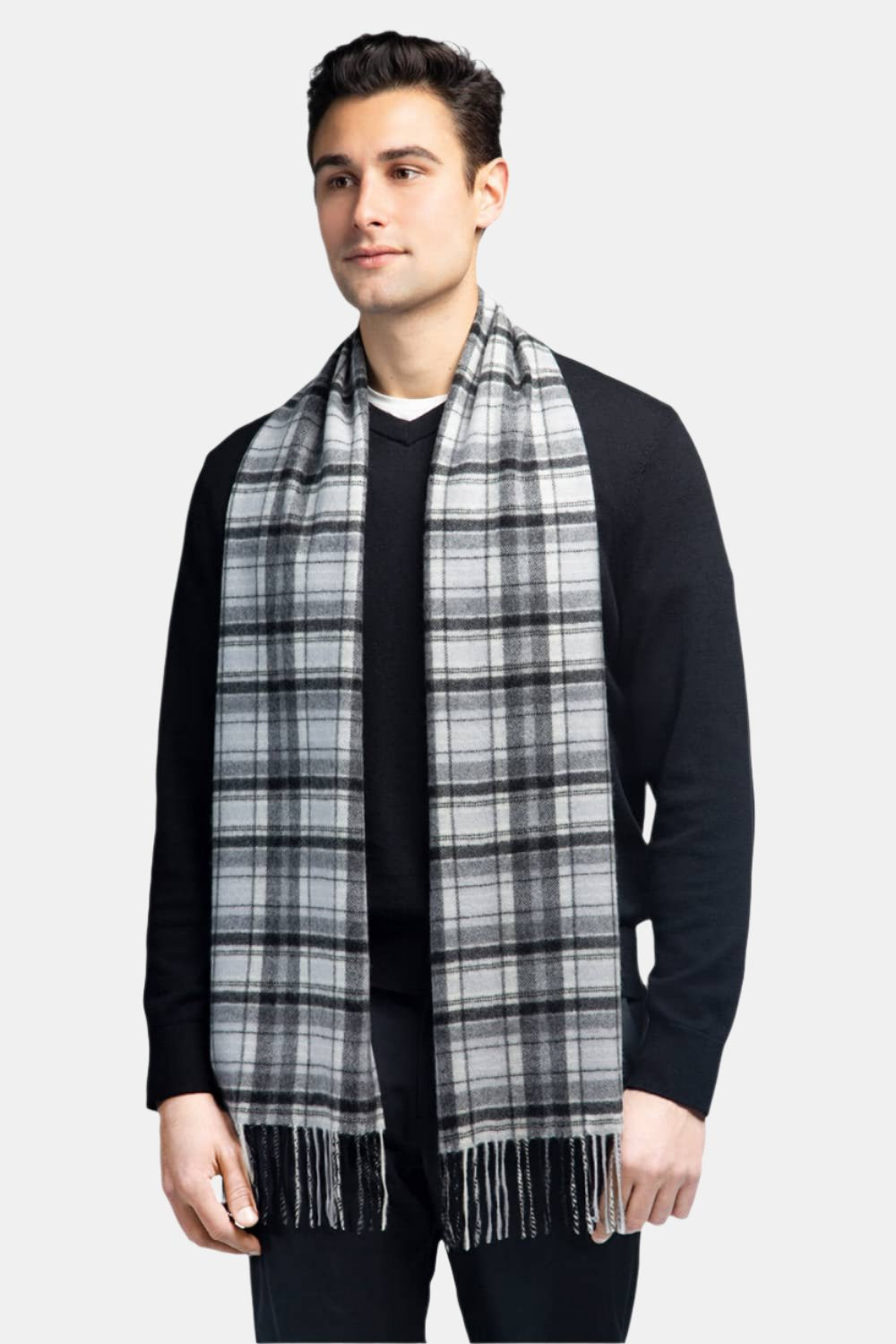 Men's Classic 100% Pure Cashmere Scarf Mens>Accessories>Scarf Fishers Finery Black White Gray Plaid One Size 