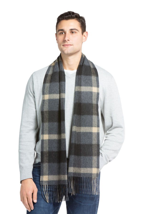 Men's Classic 100% Pure Cashmere Scarf Mens>Accessories>Scarf Fishers Finery Gray Camel Plaid One Size 