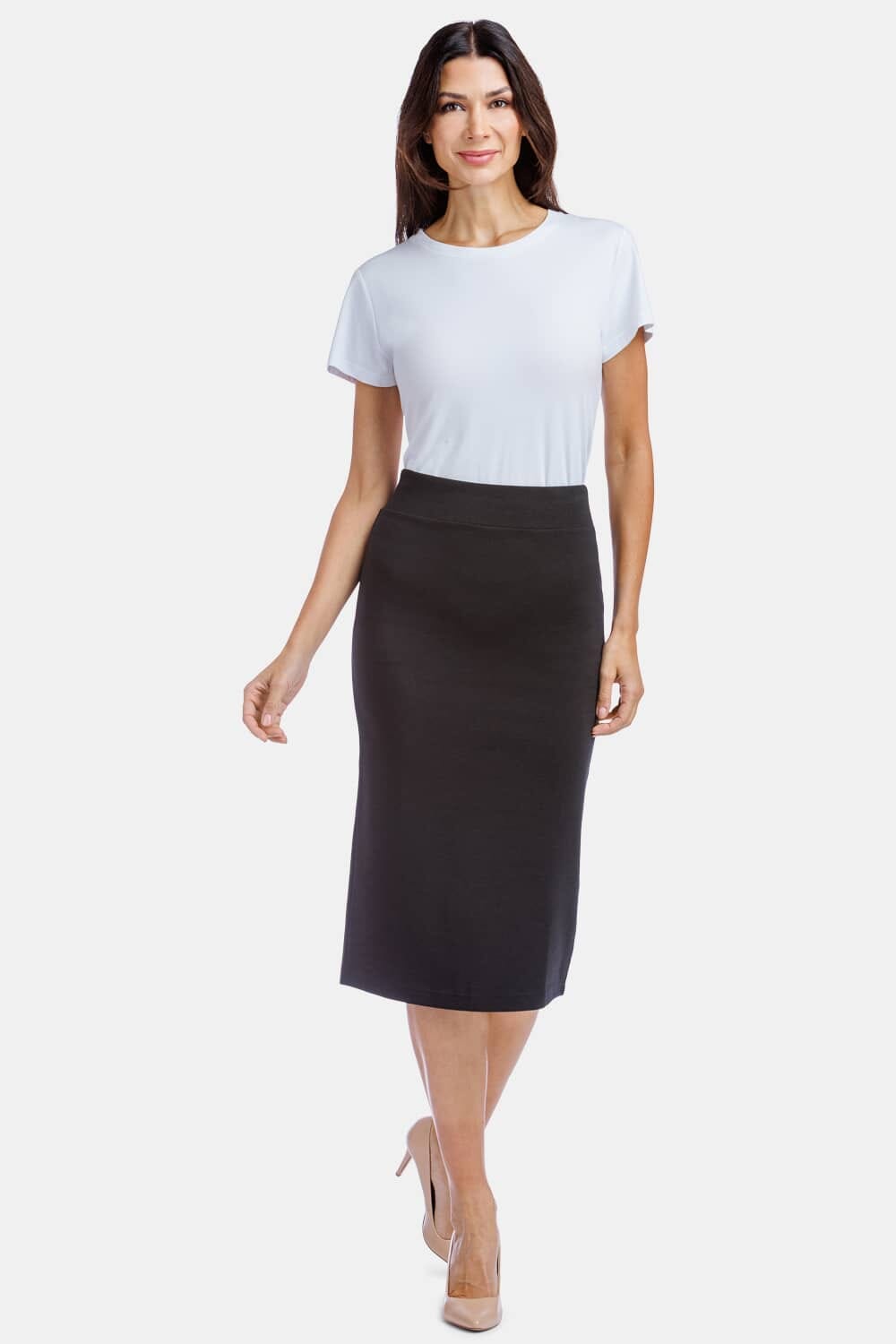 Women&#39;s Ponte Knit Midi Length Pencil Skirt Womens&gt;Skirt Fishers Finery Black X-SMALL 