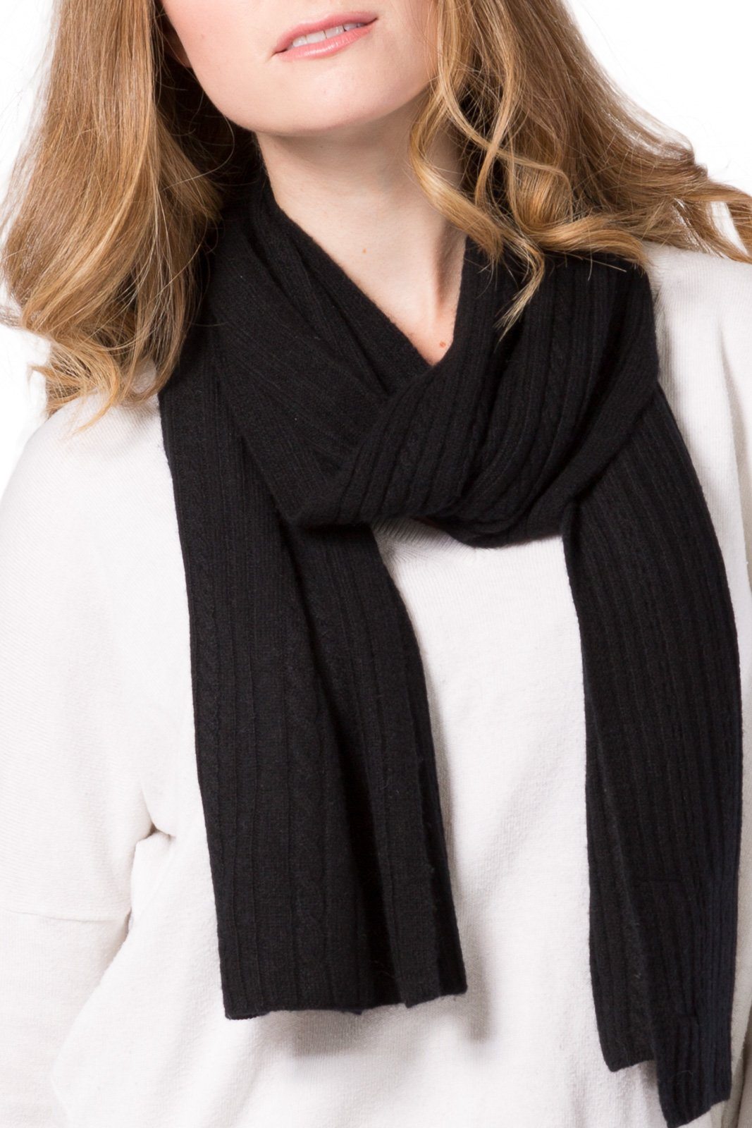 Women's 100% Cashmere Cable Knit Scarf with Gift Box Womens>Accessories>Scarf Fishers Finery Black 