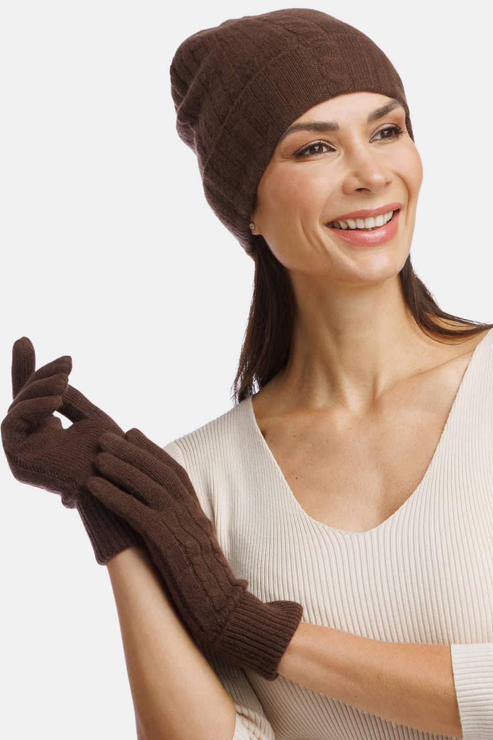 Women's 2pc 100% Pure Cashmere Cable Knit Hat & Glove Set with Gift Box Womens>Accessories>Cashmere Set Fishers Finery 