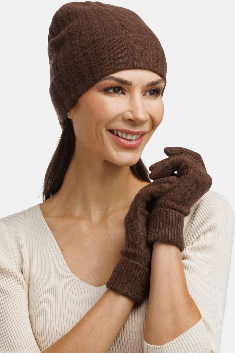 Women's 2pc 100% Pure Cashmere Cable Knit Hat & Glove Set with Gift Box Womens>Accessories>Cashmere Set Fishers Finery Cocoa One Size Fits Most 
