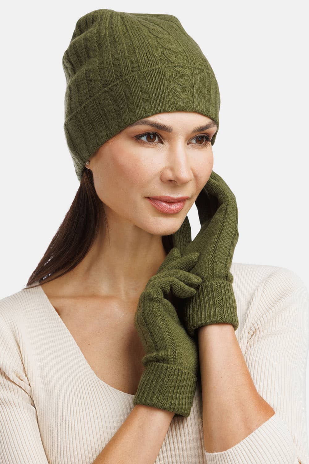 Women's 2pc 100% Pure Cashmere Cable Knit Hat & Glove Set with Gift Box Womens>Accessories>Cashmere Set Fishers Finery Olive One Size Fits Most 