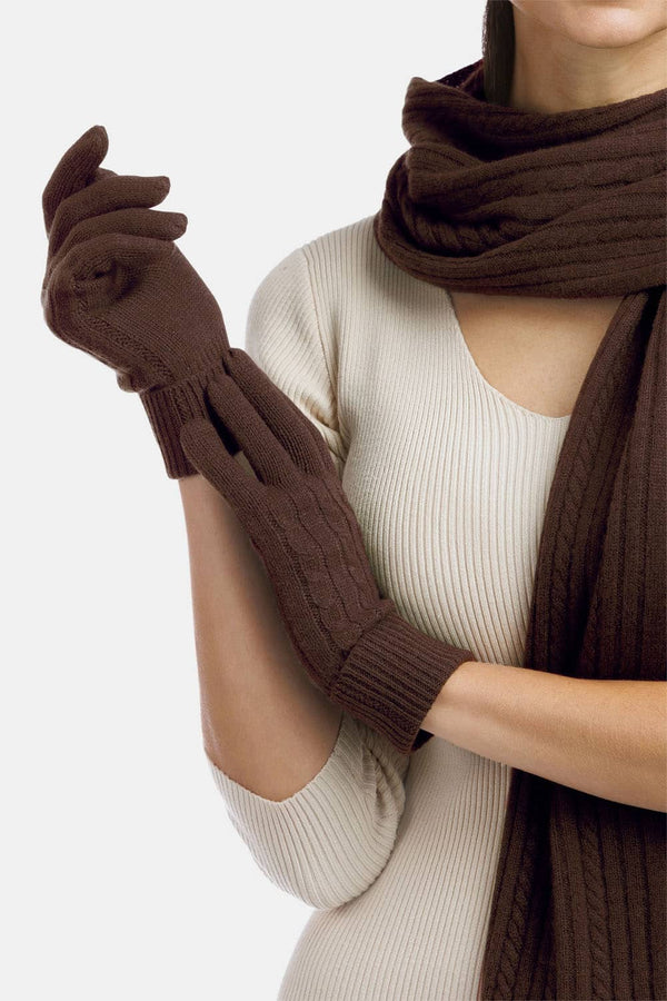 Woman wearing Fishers Finery 100% cashmere cable knit brown gloves and scarf