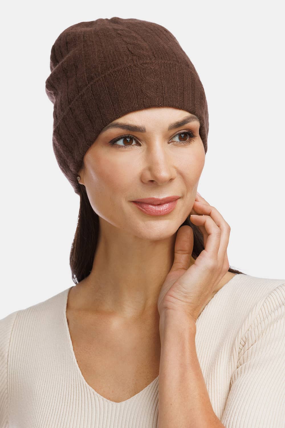 Women's 100% Pure Cashmere Cable Knit Hat Womens>Accessories>Hat Fishers Finery Cocoa One Size 