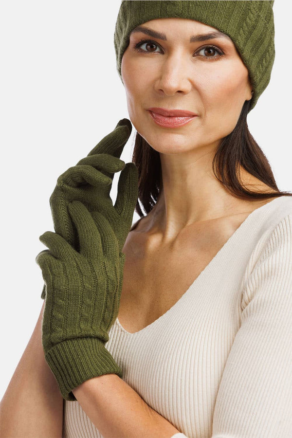 Women wearing Fishers Finery Green Cable Knit Pure Cashmere Gloves and Hat