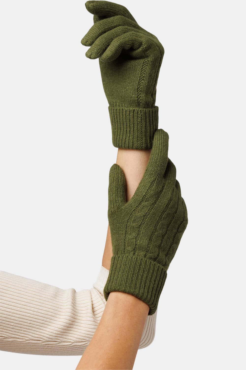 Woman's hands wearing Fishers Finery Olive Green Cable Knit Pure Cashmere Gloves