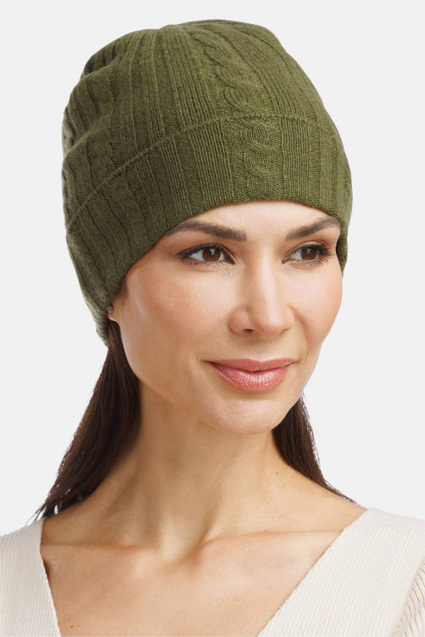 Women's 100% Pure Cashmere Cable Knit Hat Womens>Accessories>Hat Fishers Finery Olive One Size 