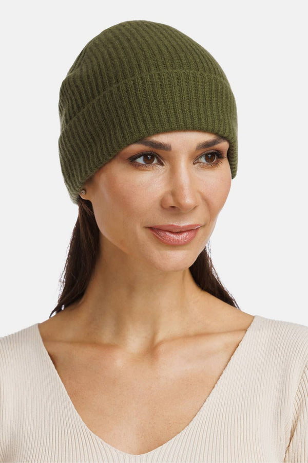 Women's 100% Pure Cashmere Ribbed Hat with Cuff Womens>Accessories>Hat Fishers Finery Olive One Size Fits Most 