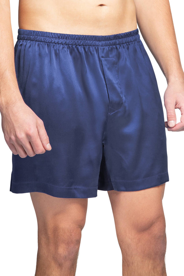 Men's 100% Pure Mulberry Silk Lounge Boxers - IMPROVED No-Roll Waistband Mens>Sleep and Lounge>Boxer Fishers Finery Ocean Blue Small 