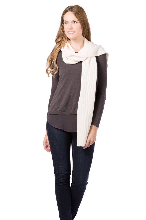 Women's 100% Pure Cashmere Ribbed Knit Scarf with Gift Box Womens>Accessories>Scarf Fishers Finery Cream 