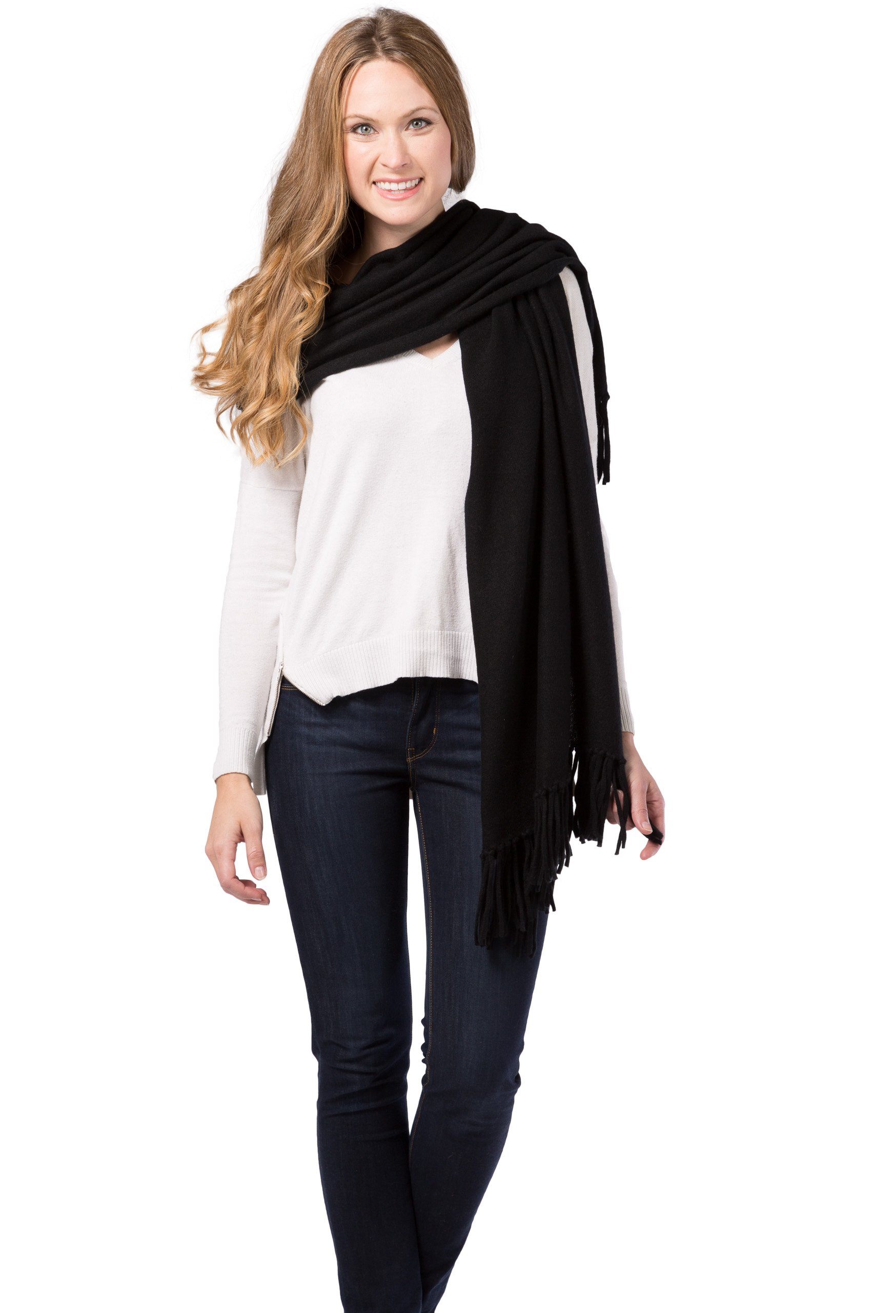 Women's 100% Pure Cashmere Knit Shawl Wrap with Fringe and Gift Box Womens>Accessories>Scarf Fishers Finery Black 