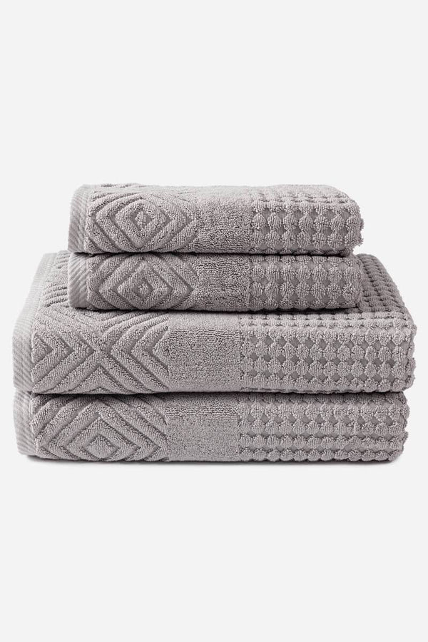 Texere 100% Organic Cotton Diamond Jacquard Towel Set Fishers Finery Cathedral Gray 4 Pack (2 Bath & 2 Hand ) 