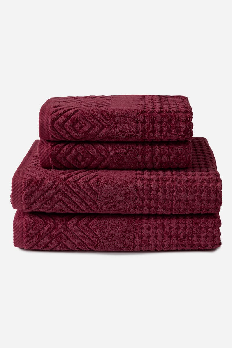 Texere 100% Organic Cotton Diamond Jacquard Towel Set Fishers Finery Merlot 4 Pack (2 Bath & 2 Hand ) 