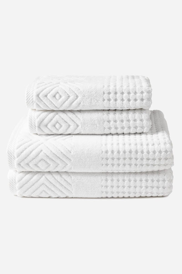 Texere 100% Organic Cotton Diamond Jacquard Towel Set Fishers Finery Bright White 4 Pack (2 Bath & 2 Hand ) 