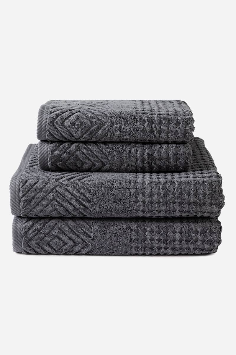 Texere 100% Organic Cotton Diamond Jacquard Towel Set Fishers Finery Charcoal 4 Pack (2 Bath & 2 Hand ) 