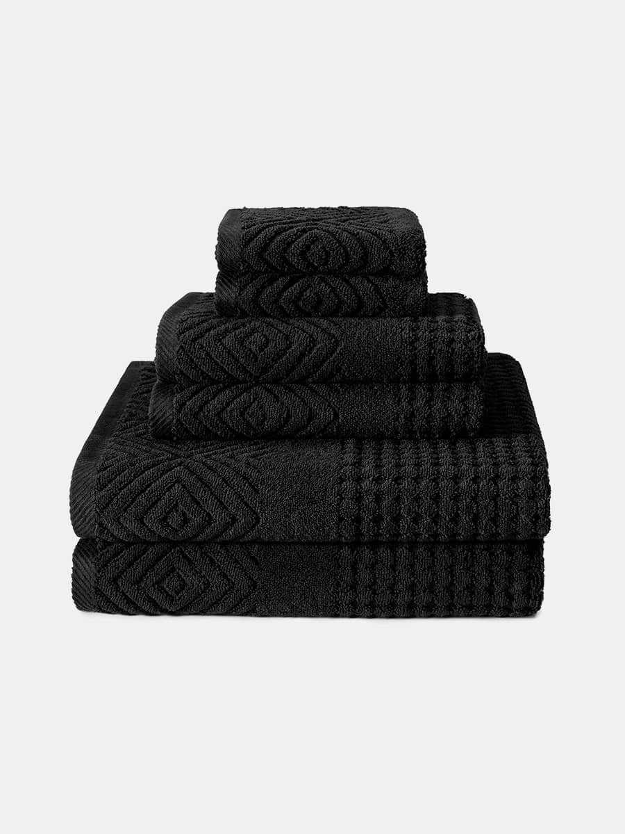 Texere 100% Organic Cotton Diamond Jacquard Towel Set Fishers Finery Black 6 Pack 