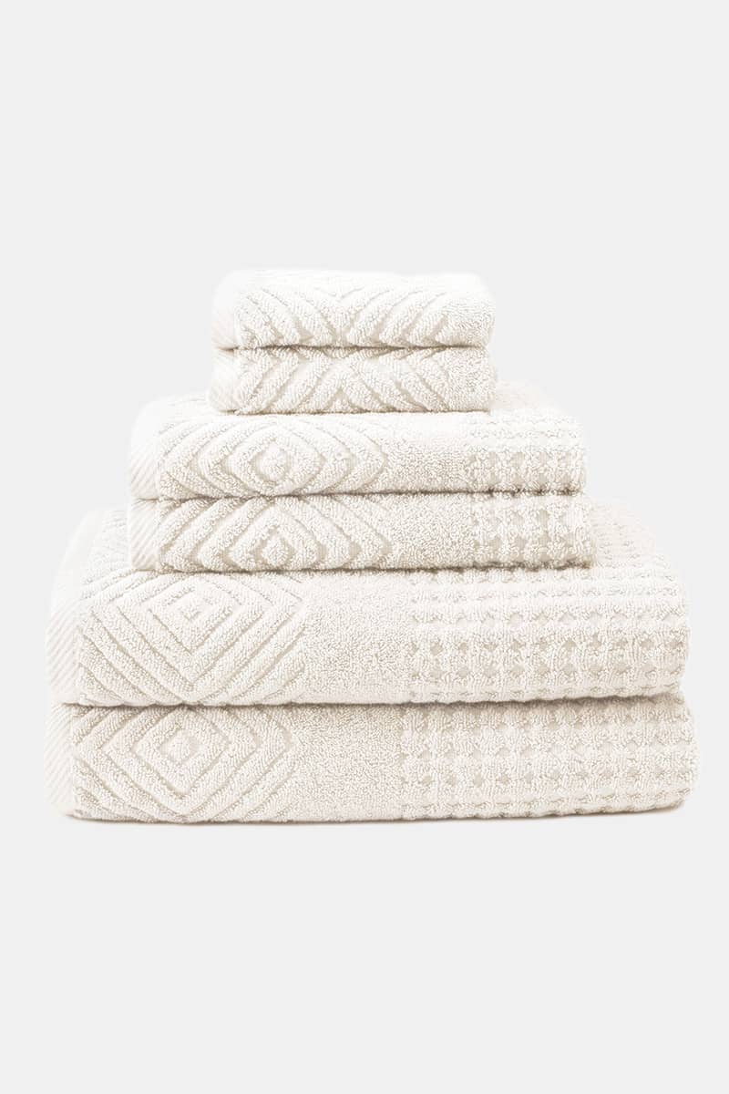 Texere 100% Organic Cotton Diamond Jacquard Towel Set Fishers Finery Cream 6 Pack 