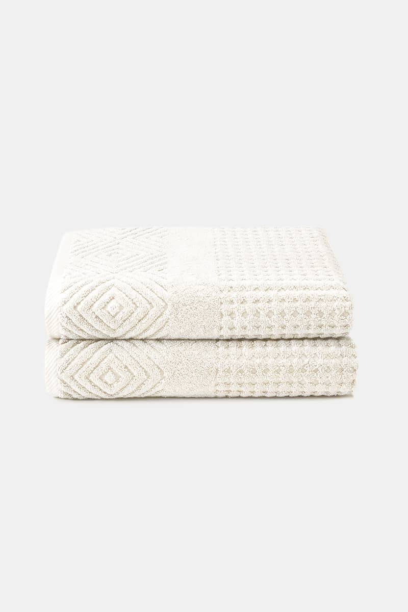 Texere 100% Organic Cotton Diamond Jacquard Towel Set Fishers Finery Cream 2 Pack 