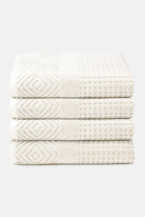 Texere 100% Organic Cotton Diamond Jacquard Towel Set Fishers Finery Cream 4 Pack ( 4 Bath Towels) 