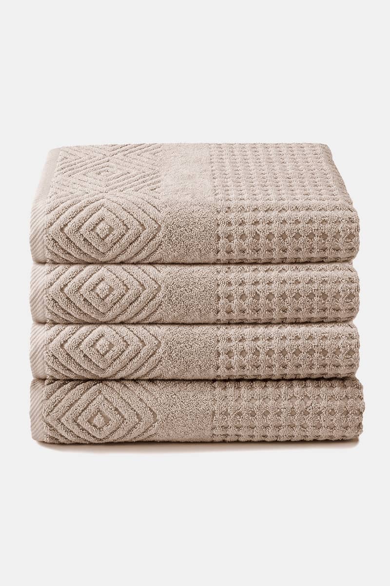 Texere 100% Organic Cotton Diamond Jacquard Towel Set Fishers Finery Oxford Tan 4 Pack ( 4 Bath Towels) 