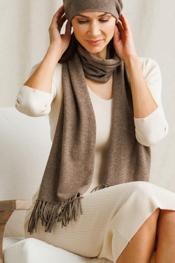 Women's 100% Pure Cashmere Knit Scarf with Fringe and Gift Box Womens>Accessories>Scarf Fishers Finery Cappuccino 