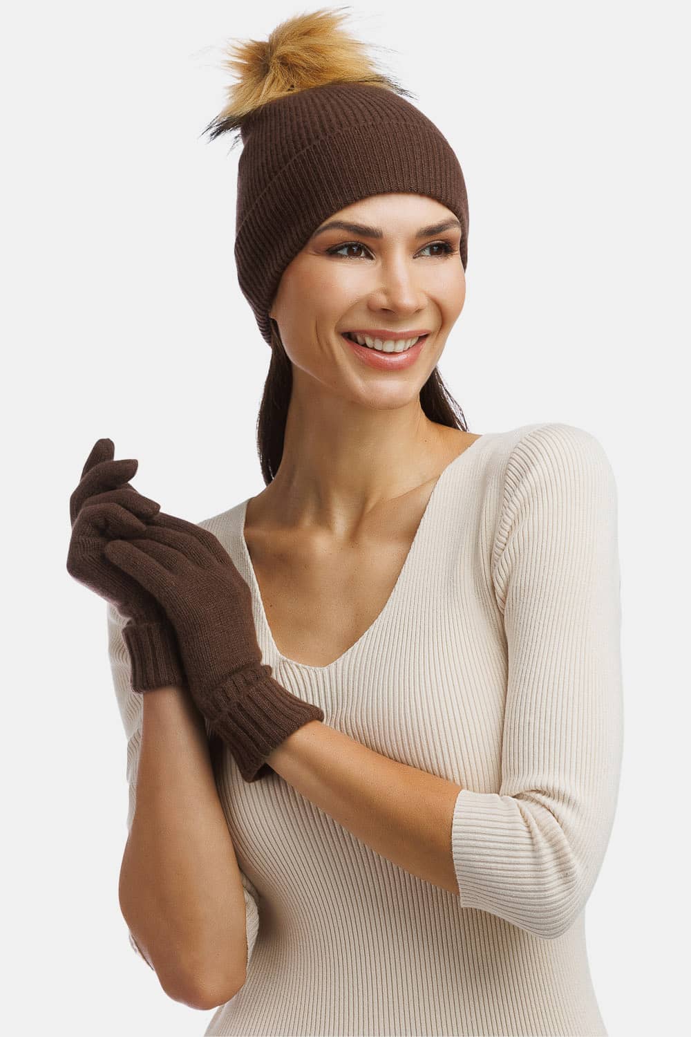 Women's 2pc 100% Cashmere Pom Beanie Hat & Glove Set with Gift Box Womens>Accessories>Hat Fishers Finery Cocoa One Size 
