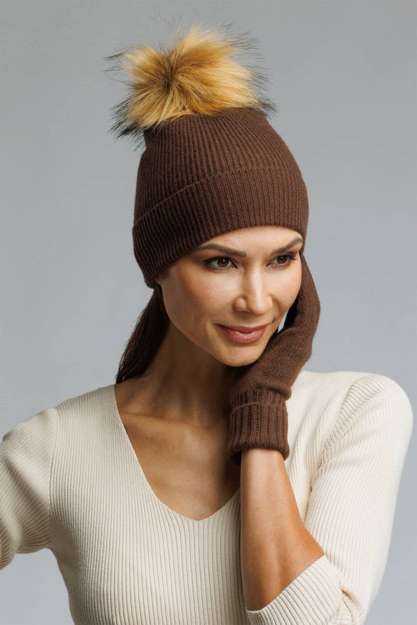 Women's 2pc 100% Cashmere Pom Beanie Hat & Glove Set with Gift Box Womens>Accessories>Hat Fishers Finery 