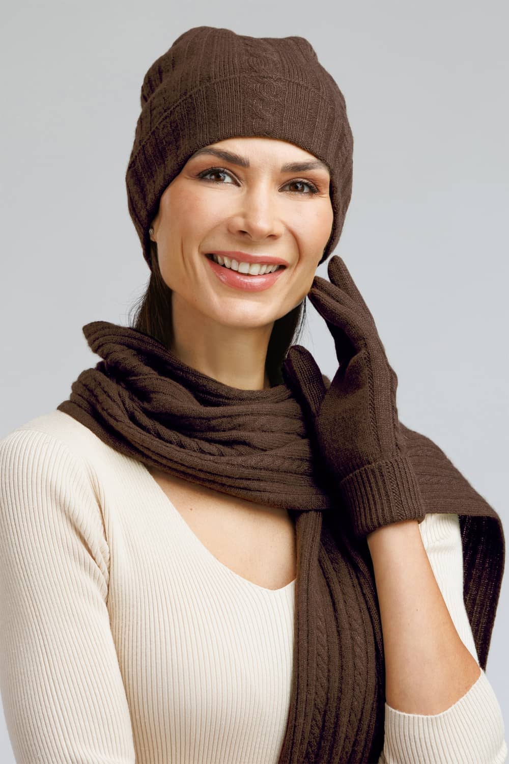 Women's 3pc 100% Pure Cashmere Cable Knit Hat Glove Scarf Set with Gift Box Womens>Accessories>Cashmere Set Fishers Finery 