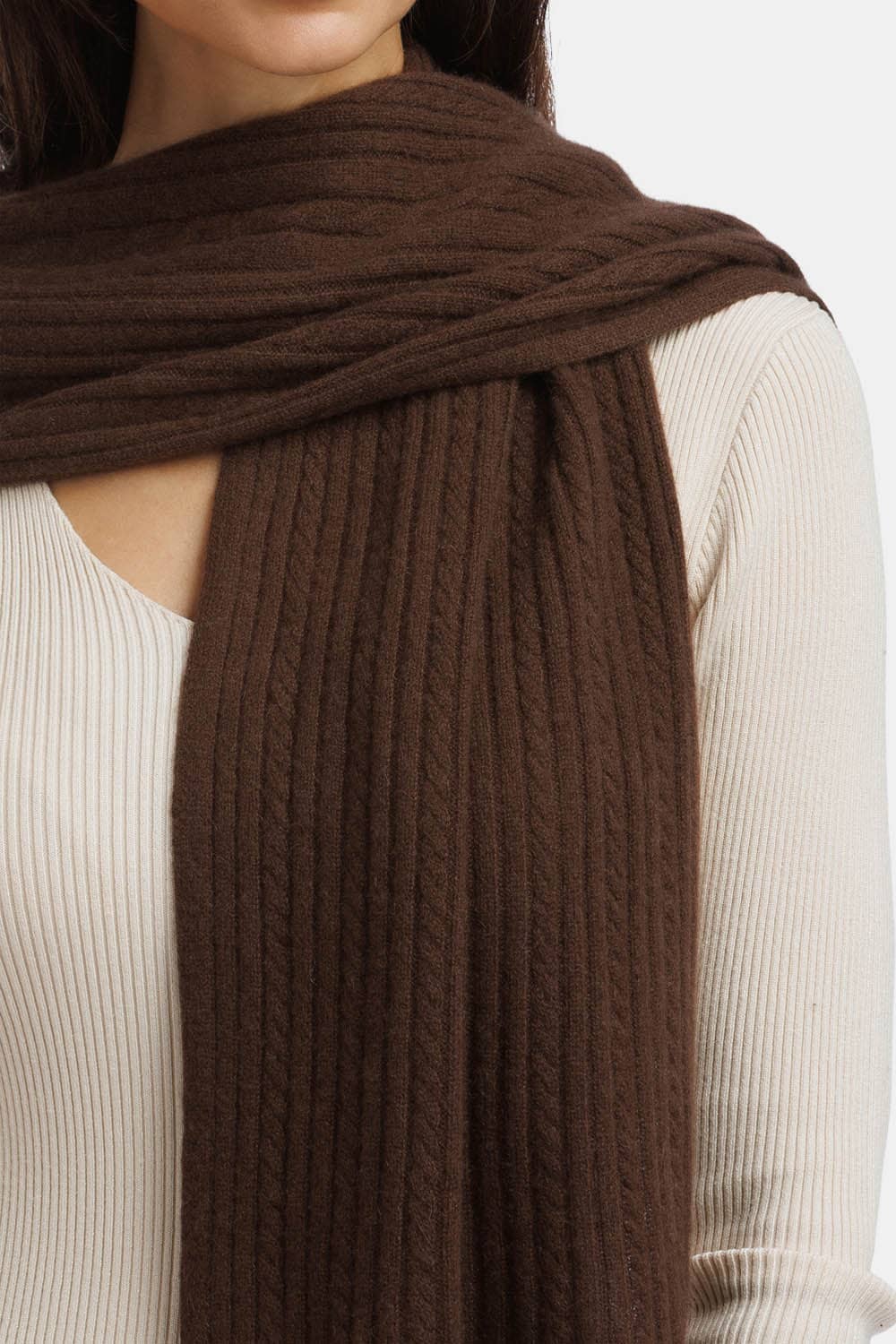 Women's 100% Cashmere Cable Knit Scarf with Gift Box Womens>Accessories>Scarf Fishers Finery Cocoa 